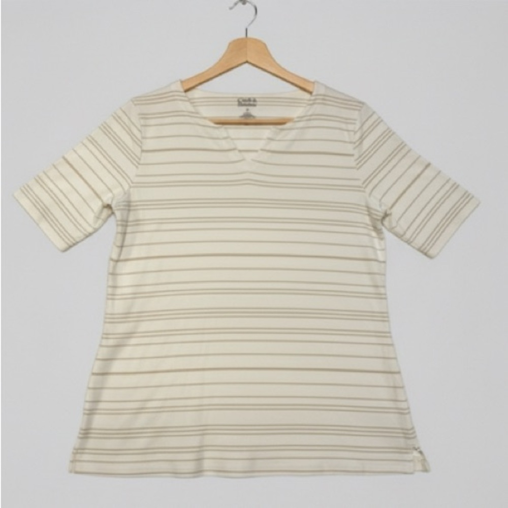 Croft & Barrow Boatneck White and Tan Striped 100% Cotton Short Sleeve Top